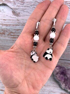 Panda Bear Black White Handmade Handcrafted Earrings LR175